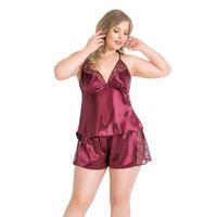 Büyük Beden Bordo Saten Babydoll Şort Takımı