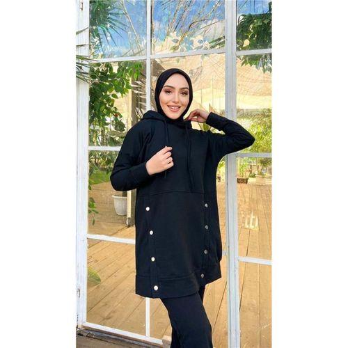 Kapşonlu Çıtçıt Detaylı Kısa Sweat Pantolon İkili Tesettür Eşofman Takımı - 03079.003 - Siyah