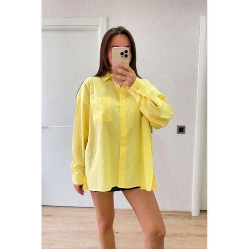 Oversize Pens Detaylı Cepli Yırtmaçlı Rahat Kalıp Poplin Gömlek - Sarı