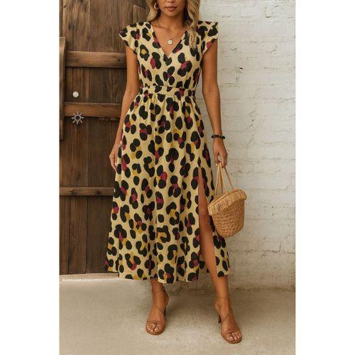 Kadın Kısa Kollu V Yakalı Desenli Yandan Yırtmaçlı Süprem Elbise