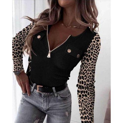 Kadın Uzun Kollu Leopar Desenli Fermuarlı önden Cep Ve Düğme Detaylı Kaşkorse Bluz