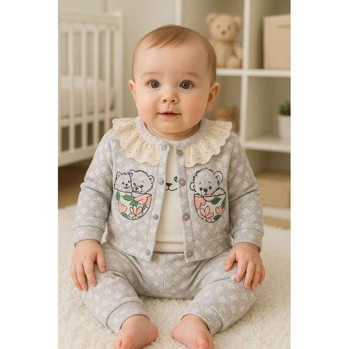 Brode İşlemeli Kalp Desenli 3'lü Hırkalı Kız Bebek Takım