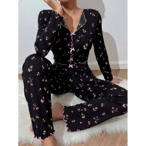 Kadın Çiçek Ve Fiyonk Desenli Yumuşak Pamuklu Uzun Pijama Takımı 5134