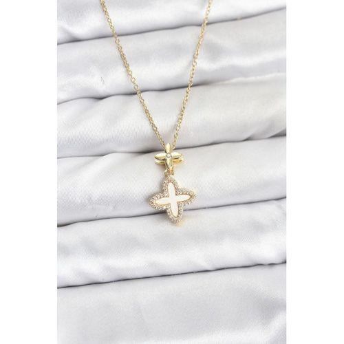 316L Çelik Zincir Gold Renk 4 Yapraklı Yonca Model Zirkon Taşlı Kadın Kolye