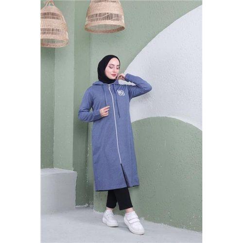 Yazı Baskılı Fermuarlı Kapşonlu Uzun Sweat - 03081.006 - İndigo