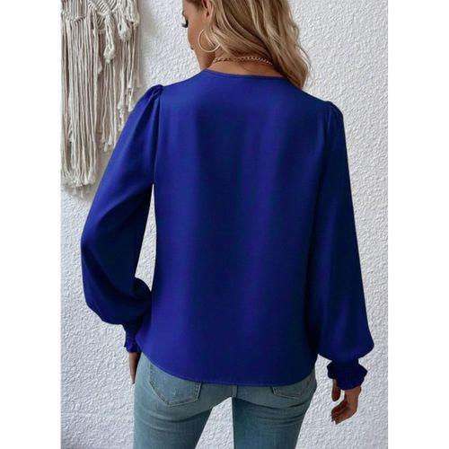 Kadın Uzun Kollu Dökümlü Kruvaze Yaka Kol Ucu Gipeli Sandy Lacivert Bluz