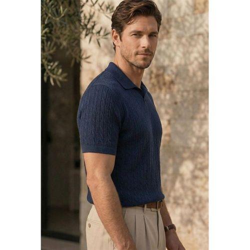 Nestor Saç Örgü Desenli Polo Yaka Regular Fit Örme İnce Triko Erkek T-Shirt - Lacivert