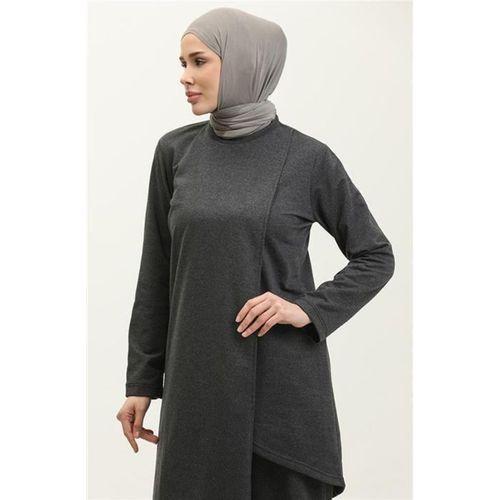 Kruvaze Bisiklet Yaka Sade Basic Tunik Panolon İkili Takım - 03076.017 - Antrasit