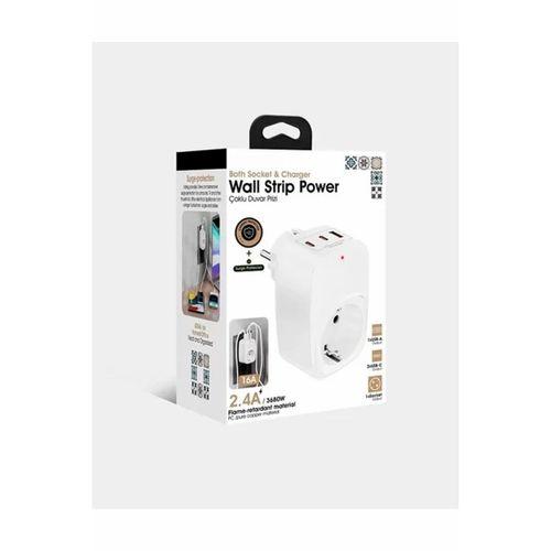 Tekli Yüksek Voltaj Korumalı Duvar Prizi 2x Type-c 1x Usb Çıkışlı Priz Grup Priz Çoğaltıcı Siyah