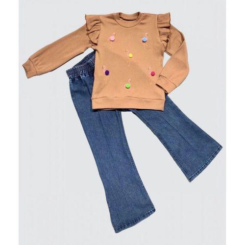 4-5-6 Yaş Kot Pantolonlu Flamingo Desenli Penye Sweat Uzun Kollu 2li Kız Çocuk Takımı Kahverengi