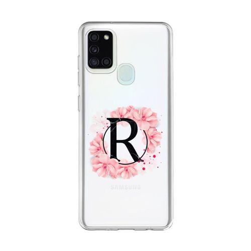 Samsung A21s Pembe Çiçek Desen R Harfli Şeffaf Kılıf