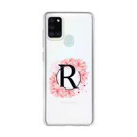 Samsung A21s Pembe Çiçek Desen R Harfli Şeffaf Kılıf