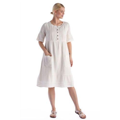 Kısa Kol Kırık Beyaz Kare Yaka Cep Detaylı Midi Boy Müslin Yazlık Elbise