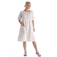 Kısa Kol Kırık Beyaz Kare Yaka Cep Detaylı Midi Boy Müslin Yazlık Elbise