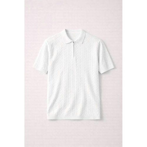 Burke Saç Örgü Yarım Fermuarlı Kısa Kollu İnce Triko Erkek T-Shirt - Ekru