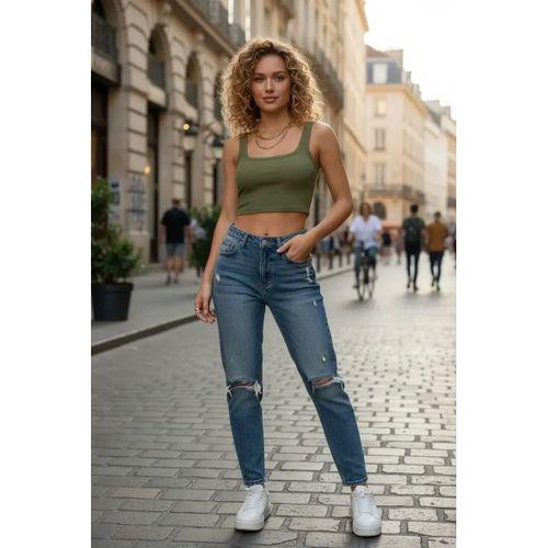 Kadın Haki Yeşili Kalın Askılı Crop Top Büstiyer Esnek Kumaş Şık Basic Kadın Üst Giyim