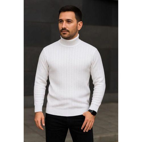 Erkek Balıkcı Yaka Bağazlı Triko Kazak Pamuklu Kalın Fitilli Dokuma, Regular Fit Uzun Kollu Kışlık Model - Beyaz