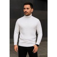 Erkek Balıkcı Yaka Bağazlı Triko Kazak Pamuklu Kalın Fitilli Dokuma, Regular Fit Uzun Kollu Kışlık Model - Beyaz