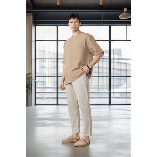 Pamuk Flamli Düz Paça Rahat Kalıp Jogger Erkek Pantolon - Kum Beji