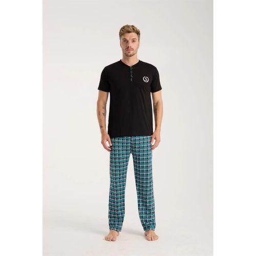 Erkek Düğmeli Yaka Siyah Kısa Kol Pijama Takımı