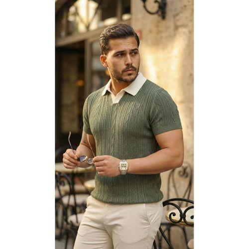 Erkek Desenli Kısa Kollu Triko Tişört - %100 Pamuk Akrilik