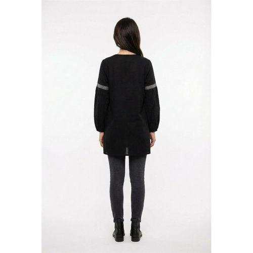 Uzun Kol Dicle Bağcıklı V Yaka Yazlık Şile Bezi Tunik Siyah Syh