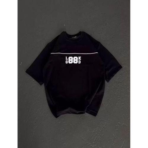 Pilelistore Unisex Bisiklet Yaka Baskılı Oversize T-Shirt - Siyah