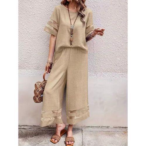 Kadın Kısa Kollu Bisiklet Yakalı Tül şerit Detaylı Bluz Ve Pantolon Ikili Takım