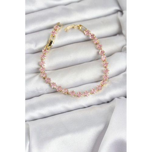 Pembe Kare Zirkon Taşlı Gold Renk Pirinç Su Yolu Kadın Bileklik