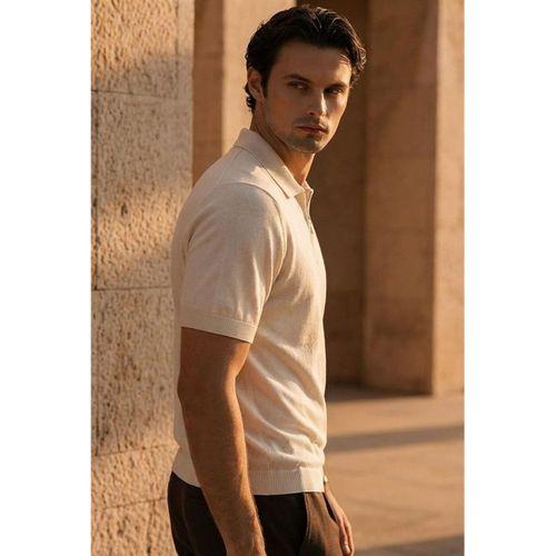 Linus Fermuarlı Polo Yaka Kısa Kollu İnce Triko Erkek T-Shirt - Bej