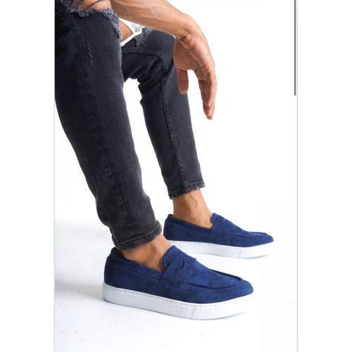 BA0580 Bağcıksız Kuşaklı Yüksek Taban Lacivert Süet Erkek Ayakkabı