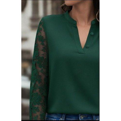 Kadın Uzun Kollu Yaka Düğme Detay Güpürlü Kol Krep Bluz