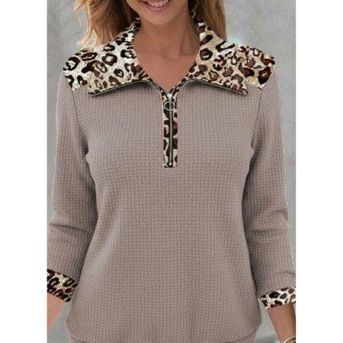 Kadın Uzun Kollu Leopar Yakalı Fermuarlı Waffle Bluz
