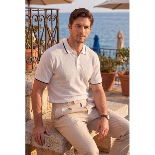 Balzac Yakası Şeritli Düğmeli Polo Yaka Basic Günlük Petek Örgü Triko Erkek T-Shirt - Ekru