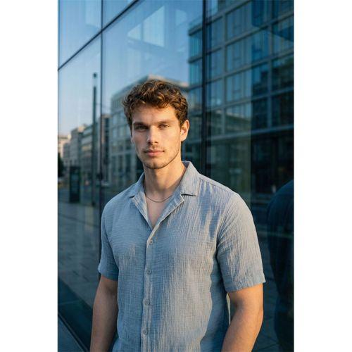 Yarım Oversize Apaş Yaka Kısa Kol Müslin Kumaş Erkek Gömlek - Soğuk Mavi