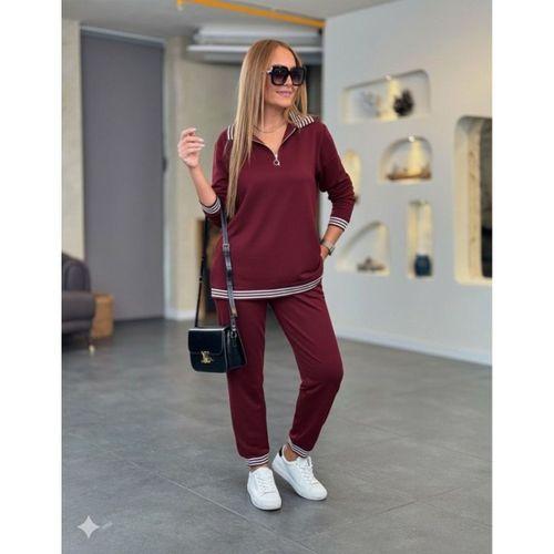 Kadın Uzun Kollu Fermuarlı şerit Detay Desenli Alt üst Ikili Viskon Iki Iplik Takım