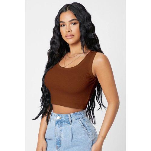 Kadın Kahverengi Kare Yaka Crop Top Bluz