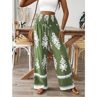 Kadın Yüksek Bel Büzgülü Etnik Desen Baskılı Süprem Pantolon