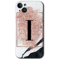 Potkal Hediye Fabrikası iPhone 14 Plus HD Baskılı Kılıf + 9D Tam Ekran Koruyucu - Pembe Mermer Desenli I Harfi