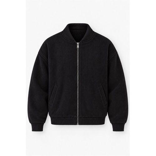 Ravello %100 Şönil Relaxed Fit Kolej Yaka Fermuarlı Lamineli Ceket - Siyah