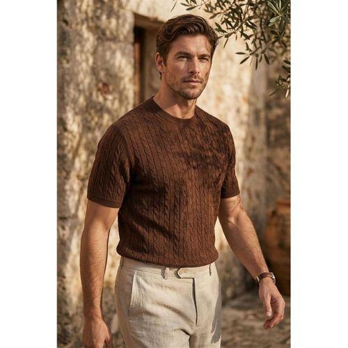 Walsh Saç Örgü Desenli Bisiklet Yaka İnce Triko Erkek T-Shirt - Kahve