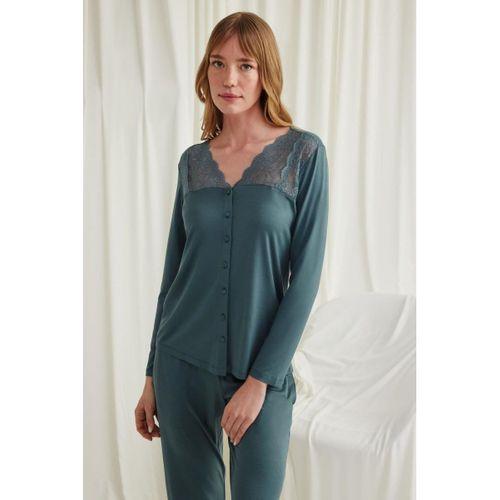 Yakası Omzu Ve Paçası Dantelli Boydan Düğmeli Pijama Takımı