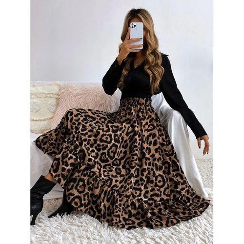 Kadın Uzun Kollu Kruvaze Yakalı Ithal Krep Bluz Ve Leopar Desenli Süprem Uzun Elbise