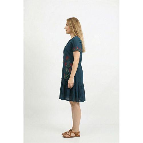 Kısa Kol Gülbin Bağcıklı V Yaka Nakışlı Yazlık Vual Kısa Elbise Petrol Ptrl