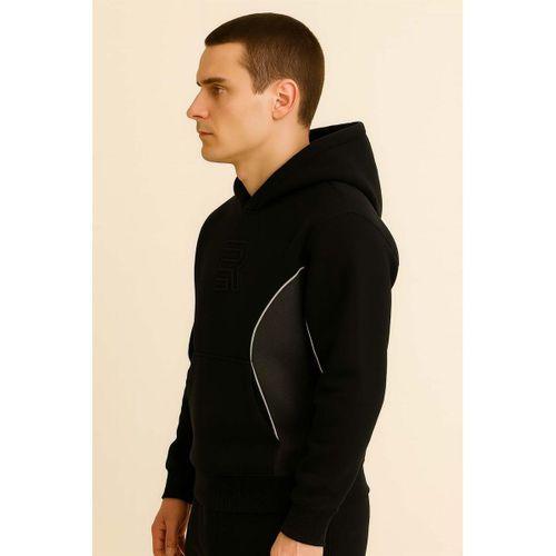 Frank Parçalı Kontrast Desenli Kapüşonlu Oversize Cepli Polar Erkek Sweatshirt - Siyah
