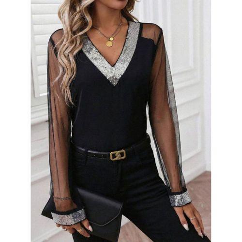 Kadın Uzun Kollu V Yakalı Tül Detaylı Ithal Krep Bluz