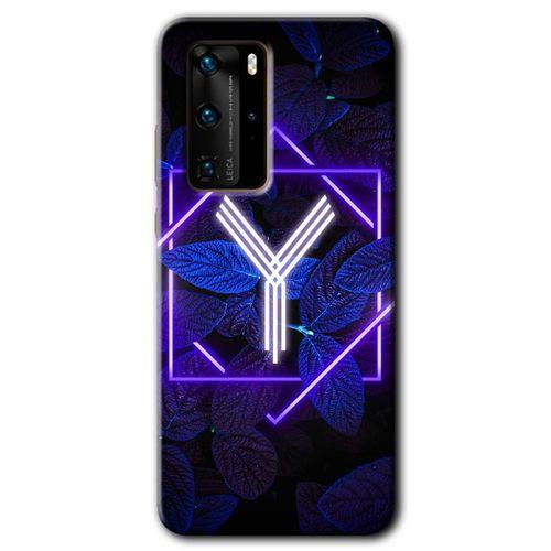 MRCİLETİSİM Huawei P40 Pro Kılıf HD Desen Baskılı Arka Kapak + Temperli Cam - Dark Neon Yaprak Y Harfi