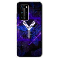 MRCİLETİSİM Huawei P40 Pro Kılıf HD Desen Baskılı Arka Kapak + Temperli Cam - Dark Neon Yaprak Y Harfi