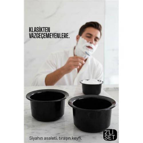 Profesyonel Siyah Tıraş Tası 2 li SET - Berber Tipi Ergonomik Sabun Köpürtme Kabı - 719653