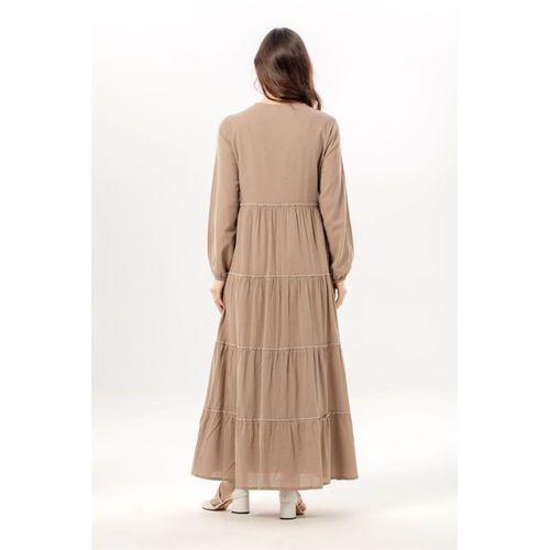 Uzun Kol Yakamoz V Yaka Nakışlı Şile Bezi Uzun Pullu Elbise Humus hms